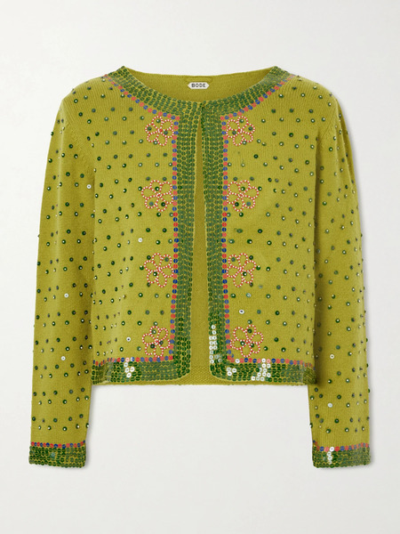  Bode Bode - Fairy Floss Cropped Embellished Wool And Cashmere-blend Cardigan - Lime Green 