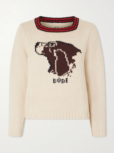  Bode Bode - Spaniel Intarsia Pima Cotton And Merino Wool-blend Sweater - Cream 