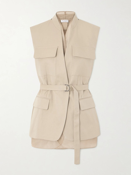  Brunello Cucinelli Brunello Cucinelli - Belted Bead-embellished Organza-trimmed Cotton And Linen-blend Twill Vest - Beige 