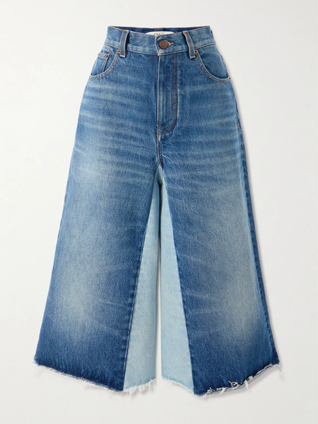  Chloé Chloé - Frayed Patchwork Denim Wide-leg Culottes - Blue 
