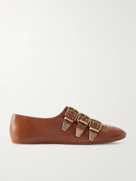  Chloé Chloé - Susan Studded Buckled Leather Flats - Red 