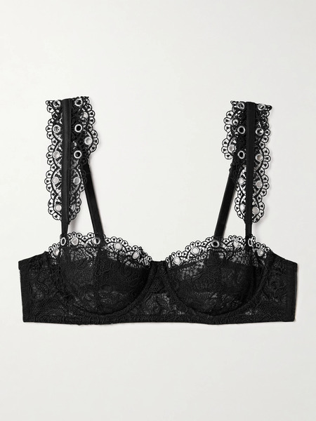  Fleur Du Mal Fleur Du Mal - Embellished Silk-blend Satin-trimmed Corded Lace Underwired Soft-cup Balconette Bra - Black 