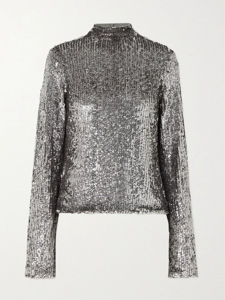  Interior Interior - Frances Sequined Stretch-tulle Top - Silver 