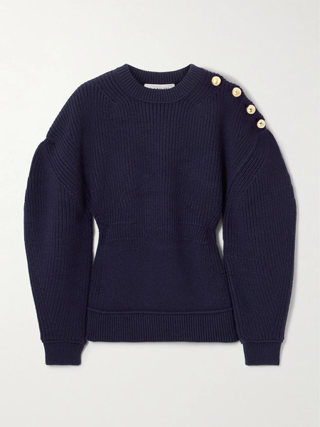  Lanvin Lanvin - Button-detailed Ribbed Wool Sweater - Navy 