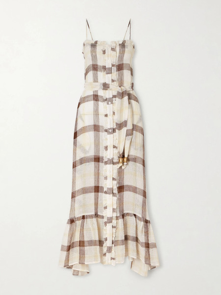  Lisa Marie Fernandez Lisa Marie Fernandez - Belted Embellished Tiered Ruffled Checked Linen-blend Gauze Maxi Dress - Multi 