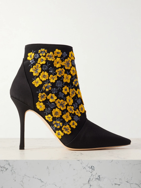  Manolo Blahnik Manolo Blahnik - Botiye 105 Embroidered Silk Crepe De Chine Ankle Boots - Bright Yellow 