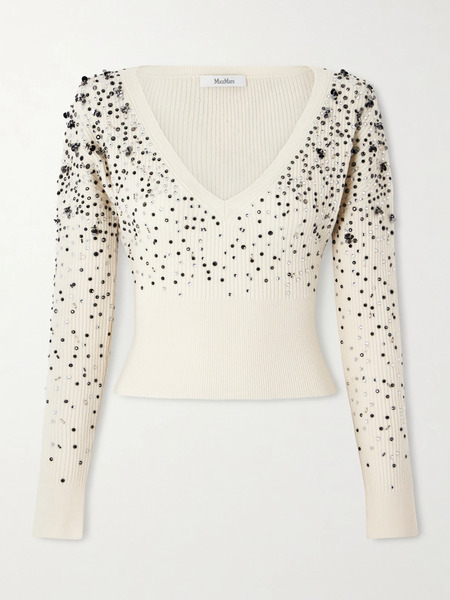  Max Mara Max Mara - Cropped Embellished Ribbed Wool-blend Sweater - Ivory 