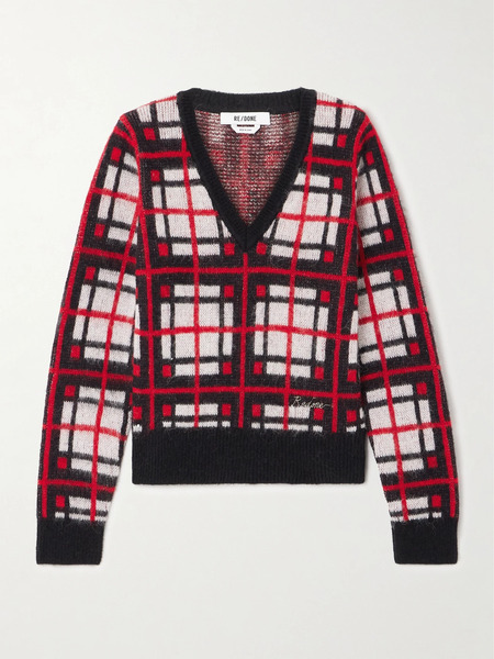 Re/done Re/done - Embroidered Checked Jacquard-knit Sweater - X Small 