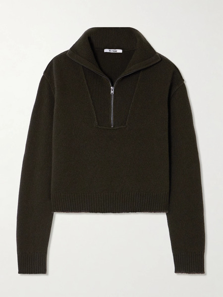  Re/done Re/done - Frayed Wool And Cashmere-blend Half-zip Sweater - Army Green 