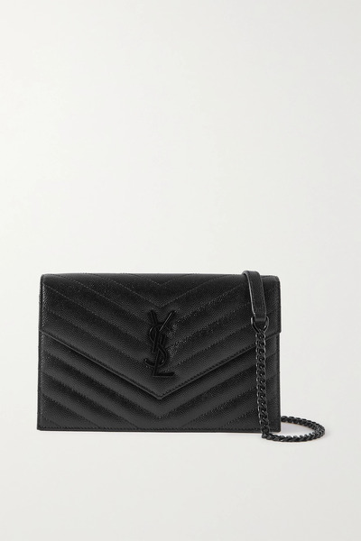  Saint Laurent Saint Laurent - Cassandre Envelope Chain Matelassé Textured-leather Wallet - Black 
