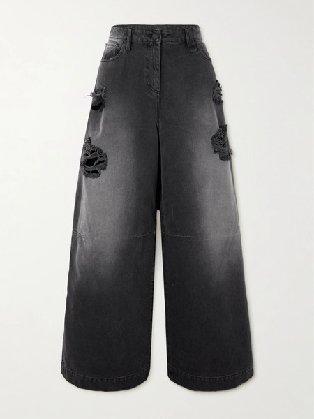  Simone Rocha Simone Rocha - Crystal-embellished Distressed Wide-leg Jeans - Black 