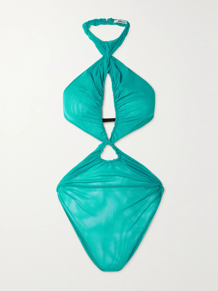  Supriya Lele Supriya Lele - Backless Cutout Ruched Mesh Halterneck Bodysuit - Turquoise 