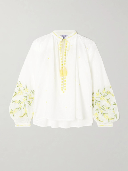  Thierry Colson Thierry Colson - Tasseled Embroidered Point D'esprit Cotton Blouse - Off-white 