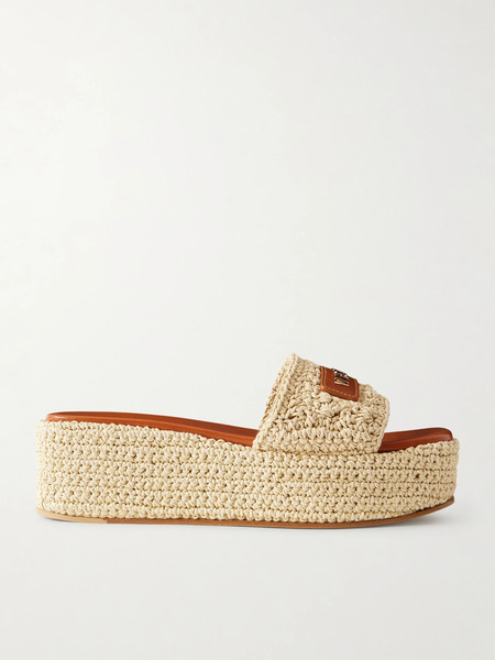  Versace Versace - Logo-embellished Raffia Platform Slides - Neutral 