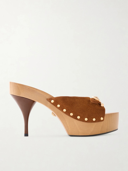  Versace Versace - Opera Bow Embellished Suede Clogs - Chocolate 