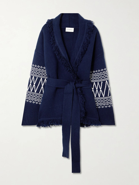  We Norwegians We Norwegians - Setesdal Belted Fringed Intarsia-knit Merino Wool And Cashmere-blend Cardigan - Navy 