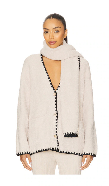  Barefoot Dreams Cárdigan De Punto De Manta Cozychic Con Bufanda Desmontable Cozychic Blanket Stitch Cardigan With Detachable Scarf En Color Crema Tall 