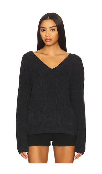  Barefoot Dreams Jersey De Canalé En V Con Lazo En La Espalda Ribbed V Pullover With Back Tie En Color Negro Talla S  (también En Xs). 