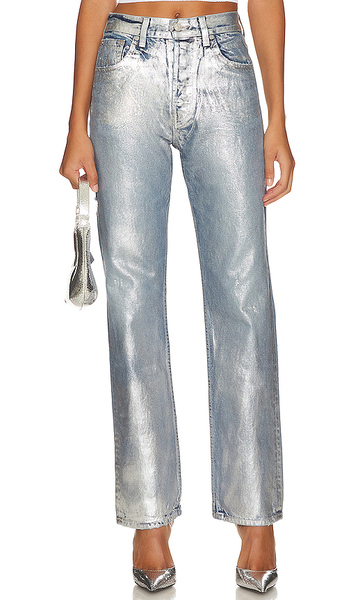  Eb Denim High Rise Straight Jeans En Color Plateado Metálico Talla 23  (también En 24, 25, 26, 27, 28, 29, 30). 