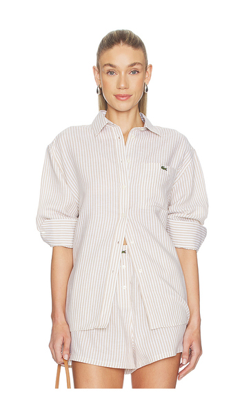  Lacoste Camisa De Corte Oversize Con Estampado Toile En Color Beige Talla 38  (también En 34, 40, 42). 