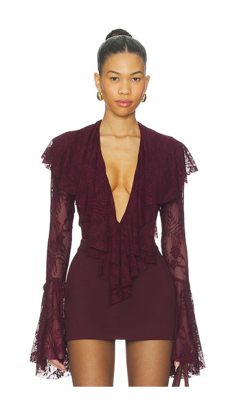  Norma Kamali Body De Manga Larga Con Escote En V Profundo Y Volantes En Color Burgundy Talla M  (también En S, Xs, Xxs). 