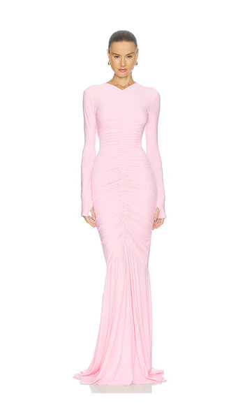  Norma Kamali Vestido Largo Long Sleeve V Neck Shirred Front Fishtail En Color Rosado Talla L  (también En M, S, Xs). 