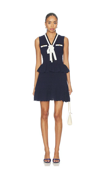  Self-portrait Minivestido Navy Peplum Pointelle Knit En Color Azul Marino Talla L  (también En M, S, Xs). 