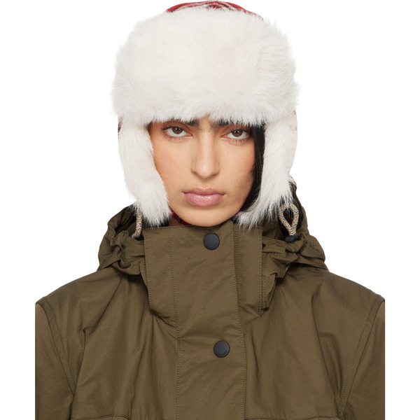  Burberry Red & Off-white Check Wool Trapper Hat 