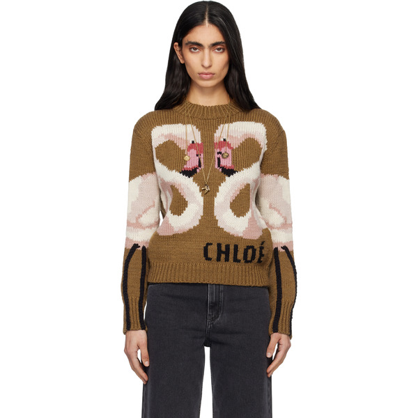 Chloé Brown Crew-neck Logo Wool Knit Sweater 