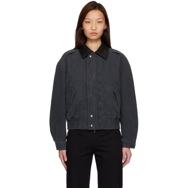  Coor Navy Leather Collar Washed Cationized Bomber Jacket 