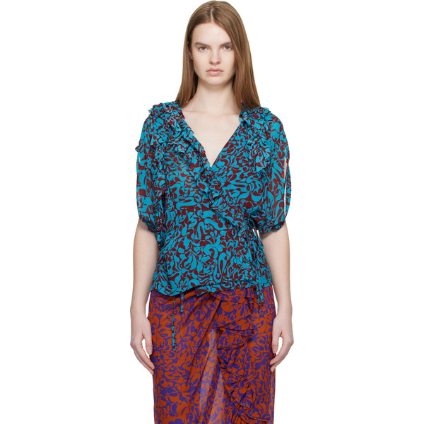  Dries Van Noten Blue & Burgundy Pattern Top 