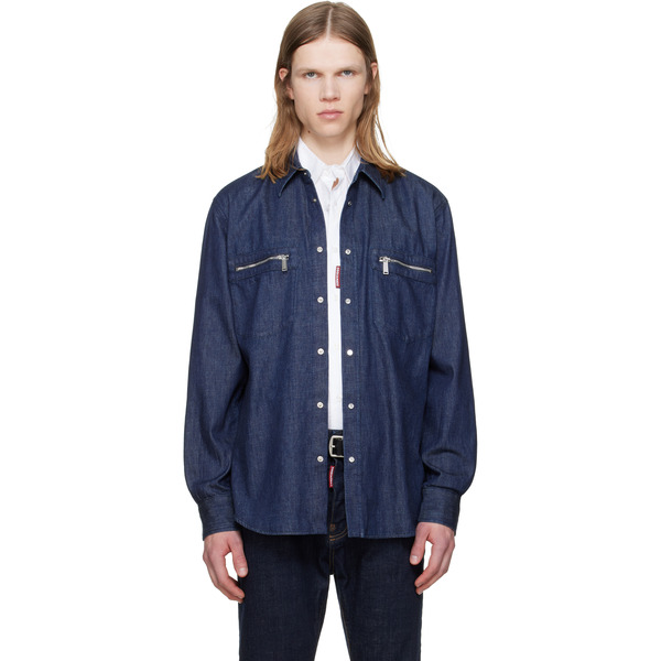  Dsquared2 Blue Wet & Dry Wash Denim Biker Shirt 