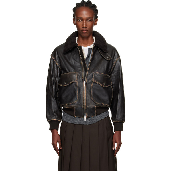  Dunst Brown A-2 Shearling Collared Leather Jacket 