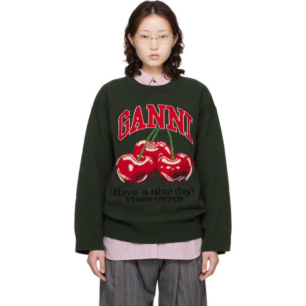  Ganni Green Oversized Graphic Sweater 