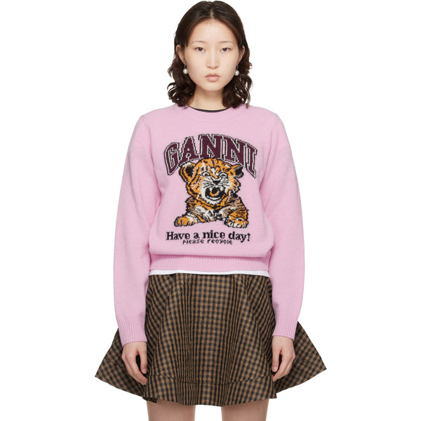  Ganni Pink Graphic Wool Sweater 