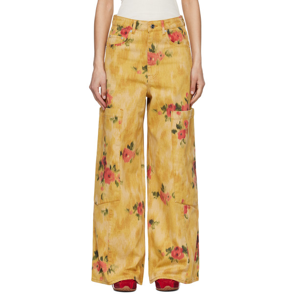  Ganni Yellow Printed Baggy Cargo Jeans 