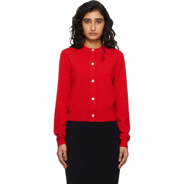  Jil Sander Red Lightweight Wool Crew Neck Cardigan 
