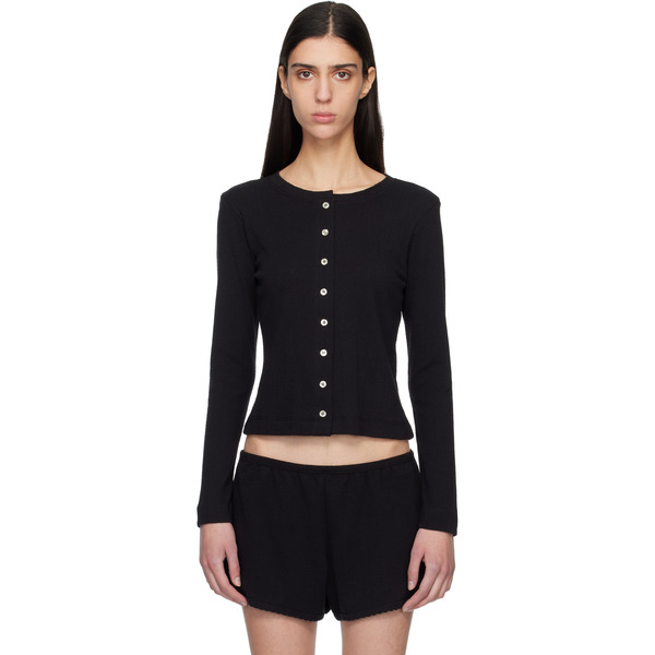  Leset Black Pointelle Classic Crew Cardigan 