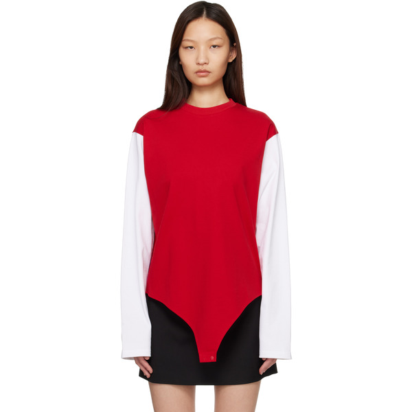  Lii Red & White Contrast Long Sleeve Bodysuit 