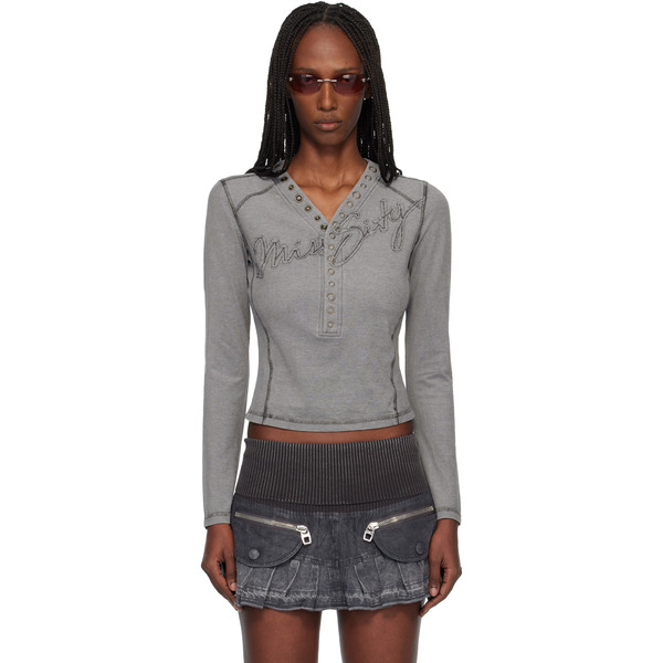  Miss Sixty Gray Knwls Edition Logo Patchwork Top 
