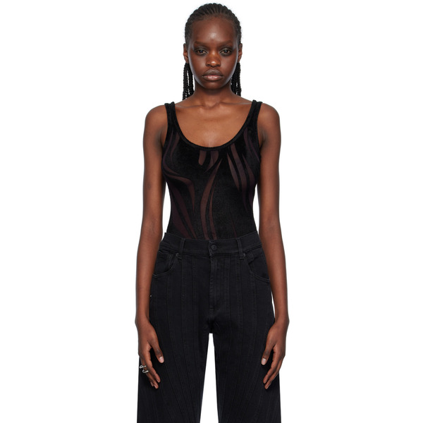  Mugler Black Flocked Bodysuit 