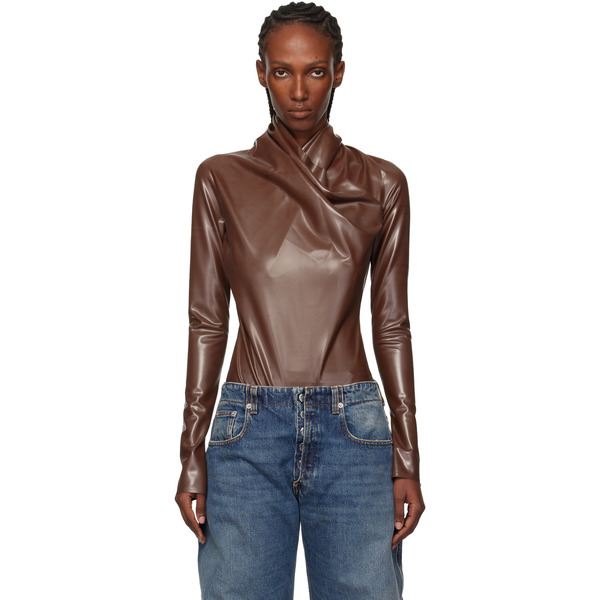  Mugler Brown Latex Scarf Bodysuit 