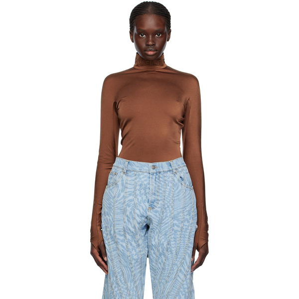  Mugler Brown Mock Neck Bodysuit 
