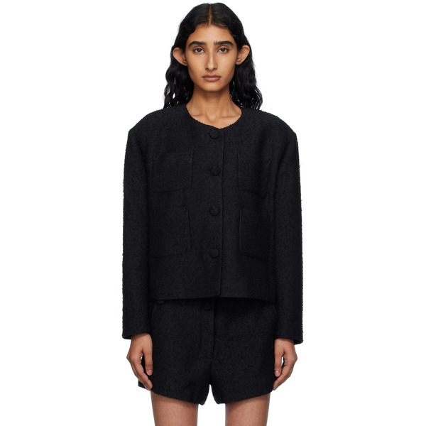  Pushbutton Black Collarless Tweed Jacket 