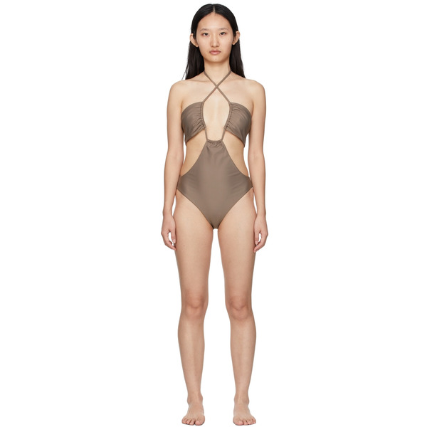  Rosetta Getty Taupe Drawstring Bandeau One-piece Swimsuit 