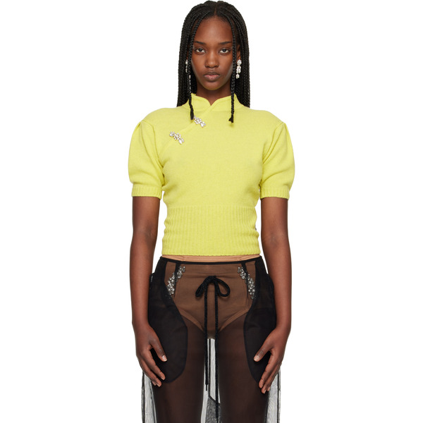  Simone Rocha Green Embellished Mandarin Collar Cashmere Sweater 