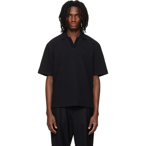  Solid Homme Black Knit Collared Short-sleeve Polo 