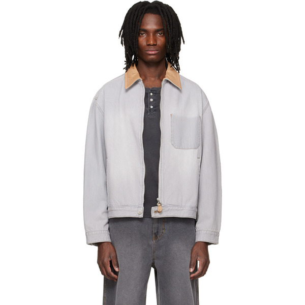  Solid Homme Gray Leather Collared Denim Trucker Jacket 