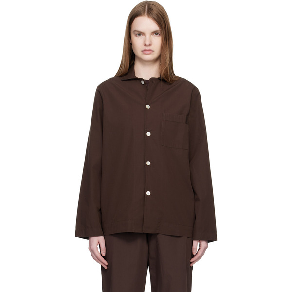  Tekla Brown Poplin Long-sleeved Pyjama Shirt 