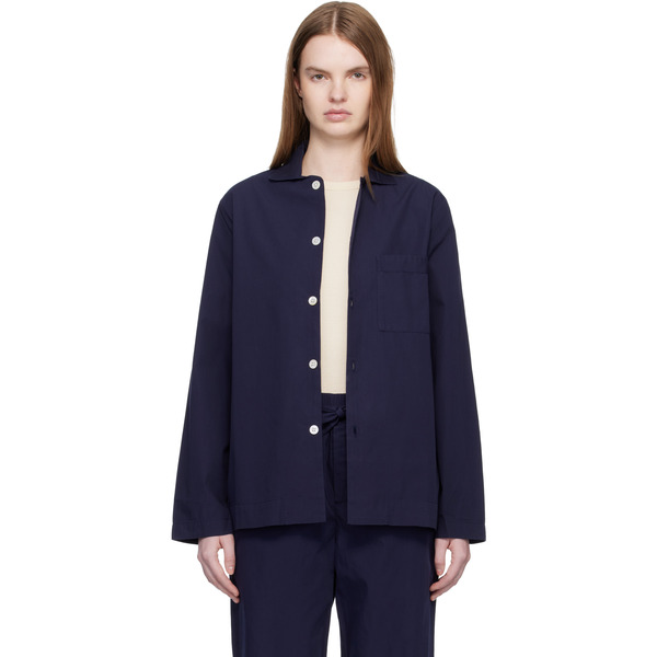  Tekla Navy Poplin Long-sleeved Pyjama Shirt 